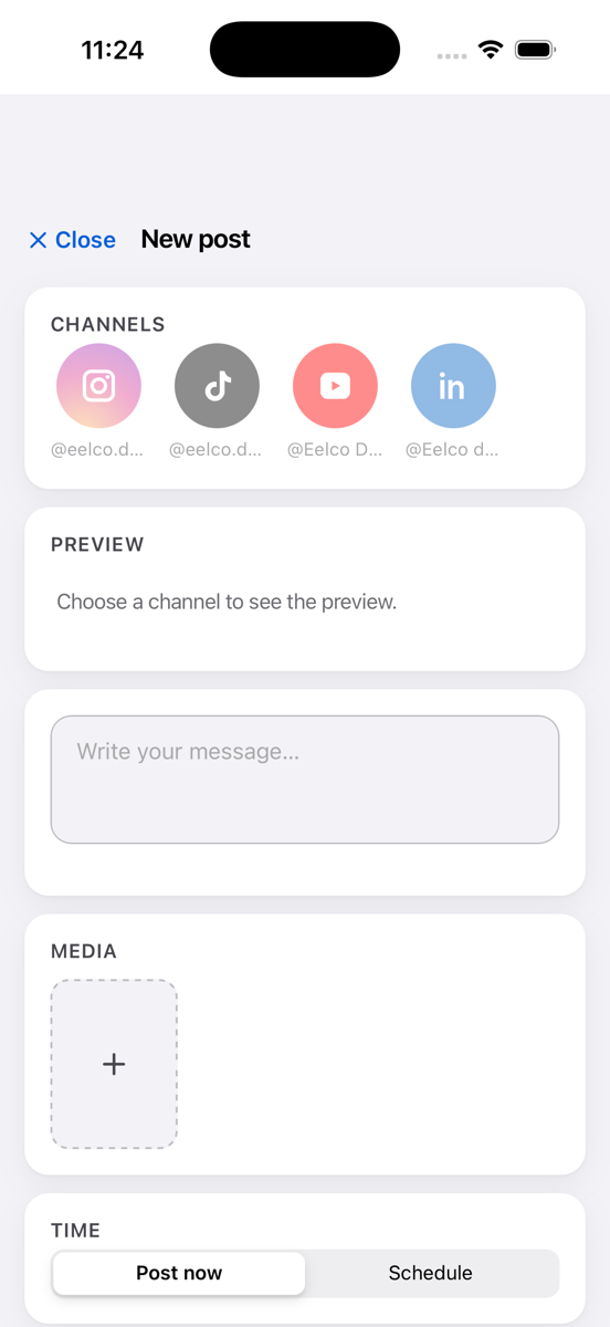The new post screen with channel pickers, preview and scheduling