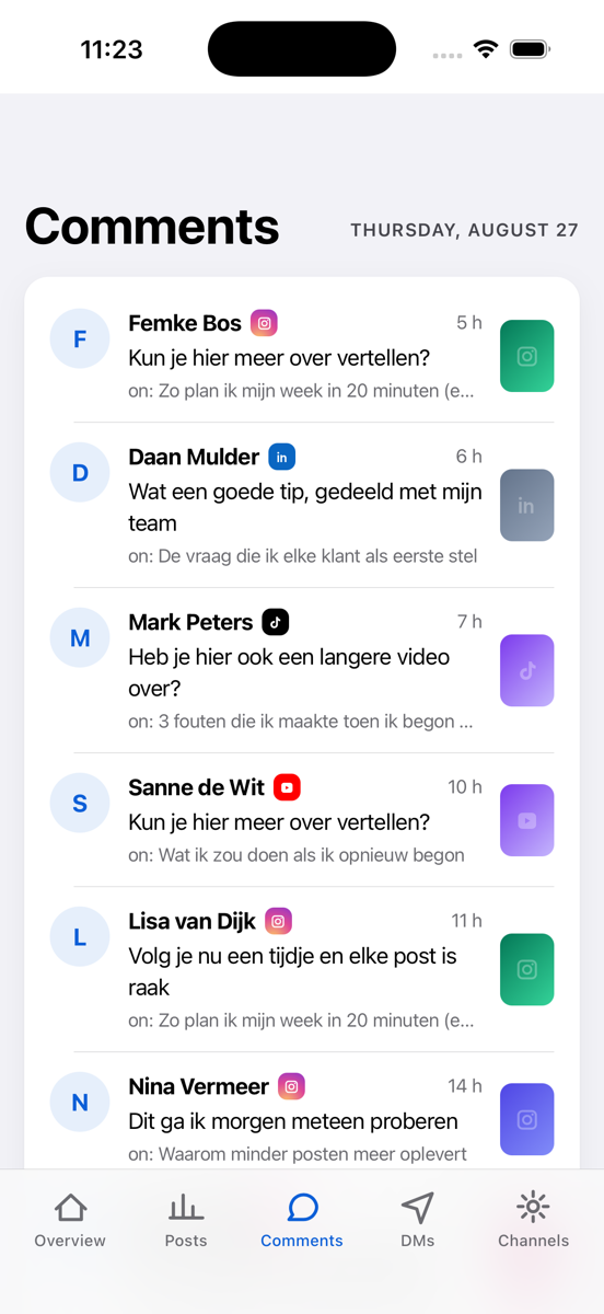 The comments inbox with comments from several channels in one list